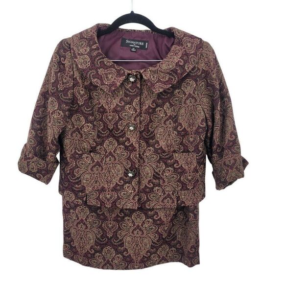 Vintage 8P Petite Womens Tapestry Skirt Set Burgundy Gold Medallion Jacquard - Picture 1 of 16